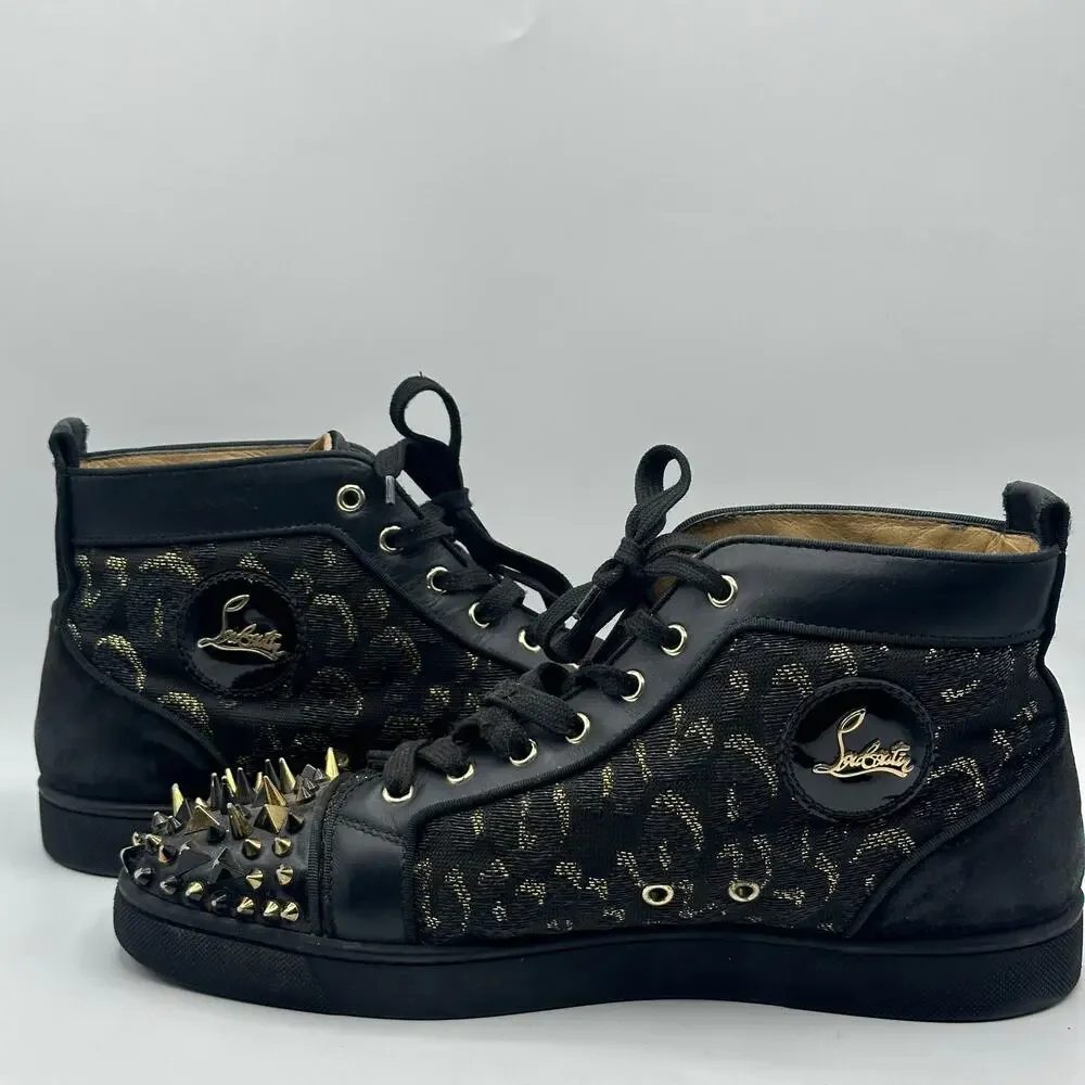 CHRISTIAN LOUBOUTIN Louis High Pik Jacquard Sneaker Black Gold Spike Sz 44/11